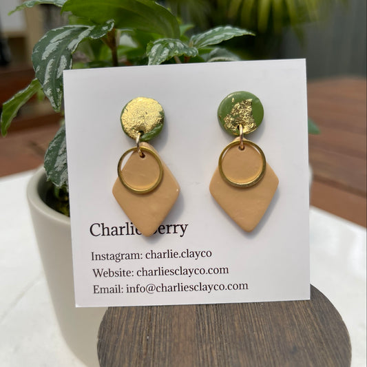 Neutrals - Circle Diamond Drops - Small - Olive and Beige